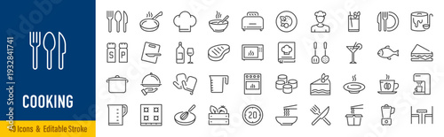 Cooking web icons in line style. Frying pan, fork, knife, recipe book, microwave, collection. Vector illustration.