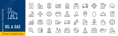 Oil and Gas web icons in line style. Fuel, gas station, refinery, petroleum, oil well, gas pump, energy, barrel, industry, transportation, collection. Vector illustration.