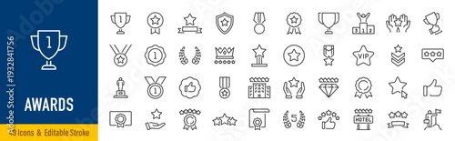 Awards web icons in line style. Winner, medal, trophy, server, reward, certificate, collection. Vector illustration.