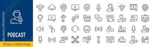 Podcast web icons in line style. Microphone, radio, webcast, audio, video, news, collection. Vector illustration.
