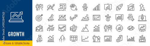 Growth web icons in line style. Target, graph, investment, performance, profit, collection. Vector illustration.