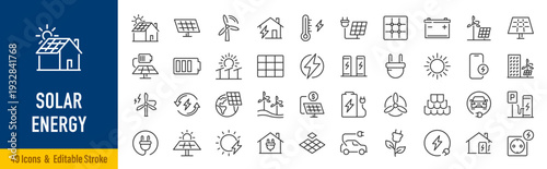 Solar Energy web icons in line style. Solar panel, green energy, battery, renewable energy, energy-saving, electric, collection. Vector illustration.