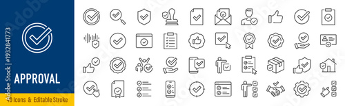 Approval web icons in line style. Thumpb up, check mark, approve, agreement, validation, confirmation, collection. Vector illustration.