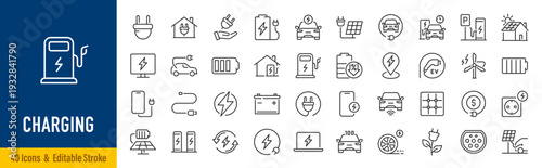 Charging web icons in line style. Charging, charging station, battery, electricity, wireless charging, electric car, collection. Vector illustration.