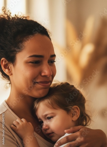 Loving mother tenderly embracing her young daughter in a warm and gentle hug.