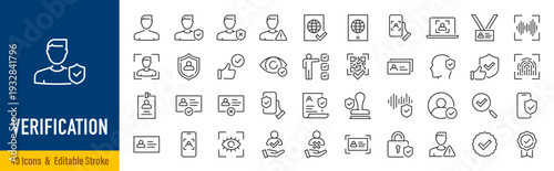 Verification web icons in line style. Passport, biometric, tools, driving license, face id, code, finger, collection. Vector illustration.