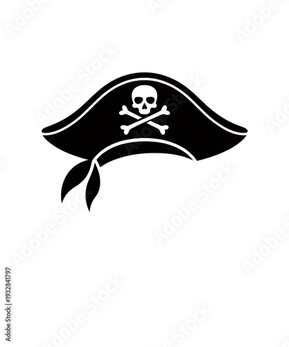 Black pirate flag with white skull and crossbones on beige background
