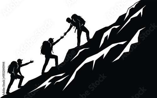 Mountain climbers helping each other reach summit, teamwork success concept silhouette hikers climbing steep rock isolated vector illustration