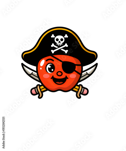 Cartoon apple wearing pirate hat and eye patch with crossed swords