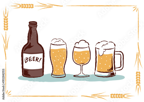 レトロな手描きタッチのビールのイラスト　ビール瓶とグラス　麦のフレーム付き