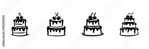 Tiered Cakes With Cherries In Hand Drawn Style Set. Celebration, Dessert, Bakery Doodle Sketch Collection. Sweet Treats Variety. Isolated Vector Illustration