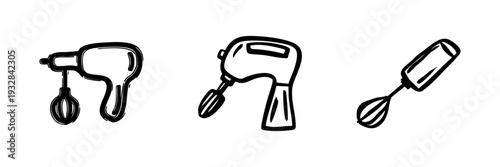 Hand Mixers And Whisks In Hand Drawn Style Set. Kitchen Appliance, Baking, Cooking Tools Doodle Sketch Collection. Culinary Equipment Illustration. Isolated Vector Illustration