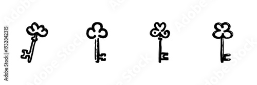Vintage Skeleton Keys In Hand Drawn Style Set. Antique Lock, Security, And Access Doodle Sketch Collection. Retro Key Design Elements. Isolated Vector Illustration