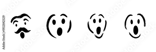 Surprised Face Expressions In Hand Drawn Style Set. Emotional Reactions, Shock, Astonishment Doodle Sketch Collection. Expressive Faces With Mustache Variation. Isolated Vector Illustration