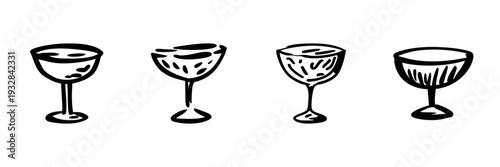 Four Wine Glasses In Hand Drawn Style Set. Elegant Drinkware, Celebration, Party Doodle Sketch Collection. Vintage Glassware Design. Isolated Vector Illustration