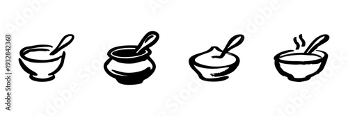 Bowls With Spoons In Hand Drawn Style Set. Culinary Tools, Cooking, And Dining Essentials Doodle Sketch Collection. Kitchenware And Food Preparation. Isolated Vector Illustration