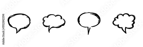 Speech Bubble Icons In Hand Drawn Style Set. Communication, Dialogue, Conversation Doodle Sketch Collection. Text Box Variations. Isolated Vector Illustration