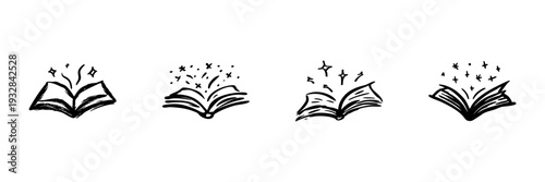 Open Books With Magical Sparkles In Hand Drawn Style Set. Imagination, Knowledge, And Creativity Doodle Sketch Collection. Literary Inspiration. Isolated Vector Illustration