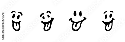 Playful Tongue-Out Smiling Faces In Hand Drawn Style Set. Expressive Emotions, Fun, And Whimsy Doodle Sketch Collection. Cartoonish Character Expressions. Isolated Vector Illustration