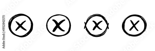 Hand Drawn Cross Marks In Circle Icon Set. Error, Rejection, Incorrect Selection Doodle Sketch Collection. Decision Making, Voting, And Feedback Symbols. Isolated Vector Illustration