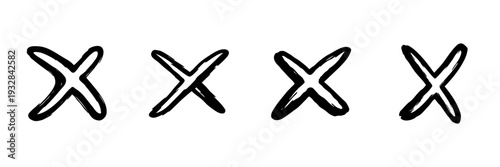 Four Hand Drawn X Marks In Doodle Style Set. Error Indication, Incorrect Symbol, And Cross Sign Sketch Collection. Bold Black Brushstroke Design. Isolated Vector Illustration