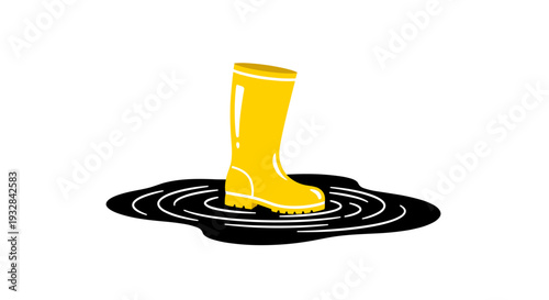 Bright Yellow Rubber Boot Standing in a Puddle