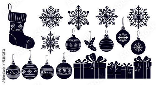 Christmas icons set with snowflakes, stocking, ornaments and gifts, black and white