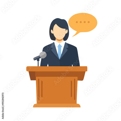 Professional woman delivers a speech from a wooden podium with a microphone The speaker has a speech bubble and wears a business suit She is
