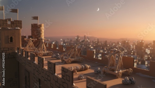 Medieval siege engines poised on castle ramparts at sunset, overlooking a distant city