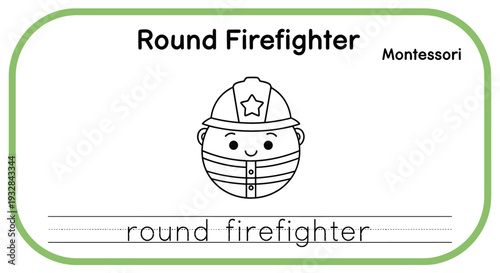 Cute Round Firefighter Character with Helmet, Montessori Education Card