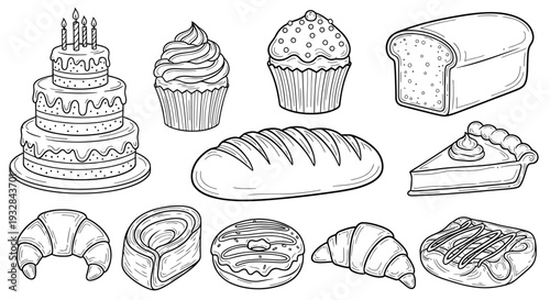 Bakery food icons set, pastry and dessert illustrations