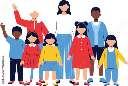 Teacher or parent with a diverse group of happy children standing together