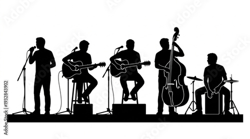 Silhouette of a musical trio band playing acoustic instruments on white background