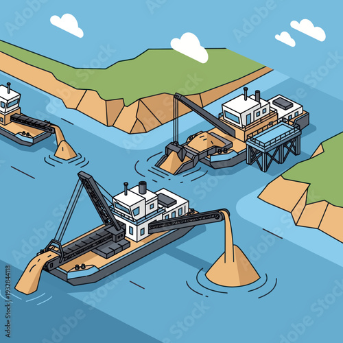 Dredging boats operating in the water.