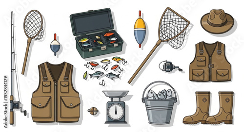 Fishing gear assortment - tackle box, vest, net, rod, boots, hat, and other equipment.