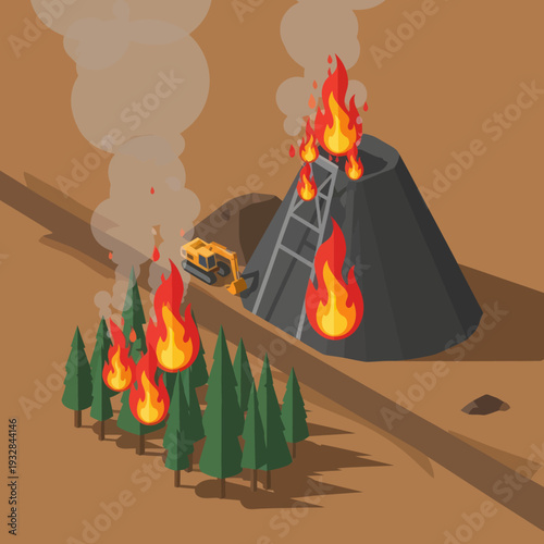 Volcano Erupting with Flames and Smoke.