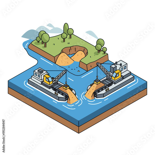 Isometric Illustration of Dredging Ships in Waterway.