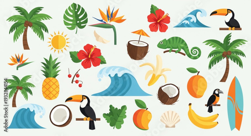 Tropical paradise elements - palm trees, flowers, fruits, waves, toucans, and surfboard.