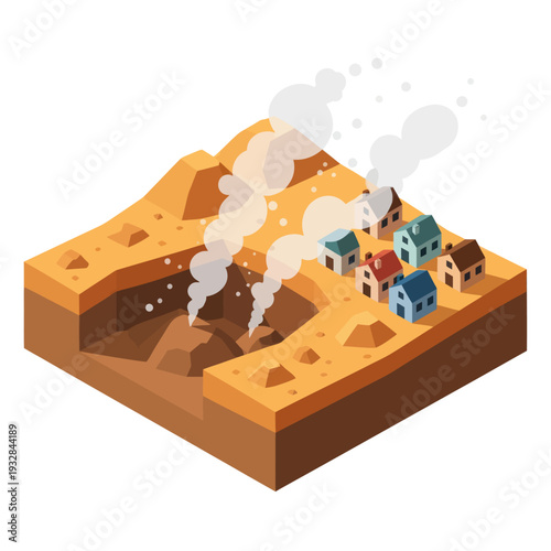 Isometric Volcano Erupting with Village Nearby.