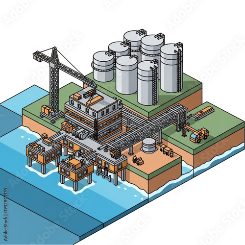 Isometric illustration of an industrial oil rig and refinery complex situated on the ocean.