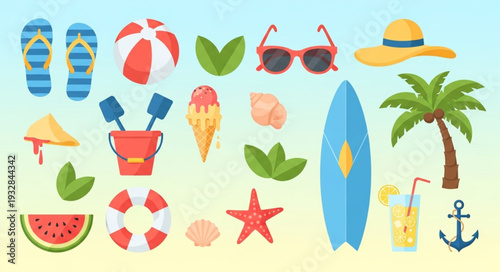 Summer beach essentials collection - sunglasses, surfboard, and refreshing drinks.