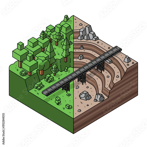 3D Isometric Illustration of Mine Shaft and Terrain.