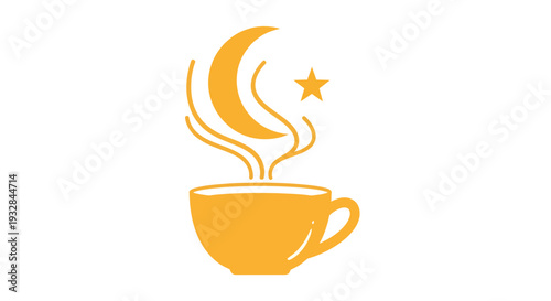 A minimalist illustration of a steaming cup with a crescent moon and star.
