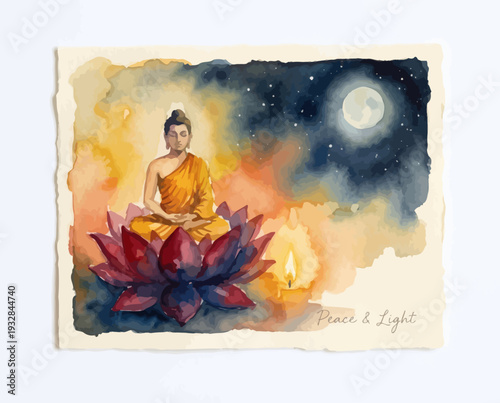 Watercolor painting of Buddha meditating on a lotus flower under the full moon and starry night sky.