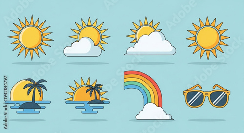 Summer weather icons collection, sun, clouds, rainbow, and sunglasses on blue background.