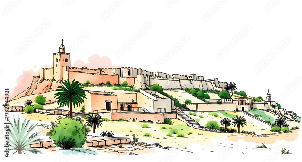 Obraz premium castle, vector, illustration, drawing, fortress, medieval, fantasy, fairytale, palace, tower, walls, gates, stone, architecture, historic, royal, kingdom, stronghold, defense, bastion, citadel, moat,