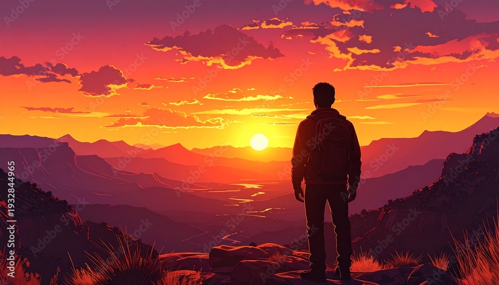 Obraz premium Man Standing on Mountain Watching Sunset.