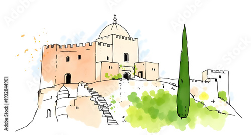 castle, fortress, vector, illustration, drawing, medieval, fantasy, fairytale, palace, tower, walls, gates, stone, architecture, historic, royal, kingdom, stronghold, defense, citadel, moat, landmark,