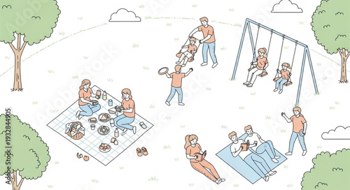 People enjoying leisure activities in a park, having fun and relaxing together.