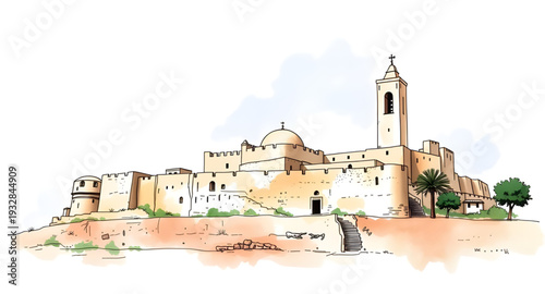 castle, fortress, vector, illustration, drawing, medieval, fantasy, fairytale, palace, tower, walls, gates, stone, architecture, historic, royal, kingdom, stronghold, defense, citadel, moat, landmark,